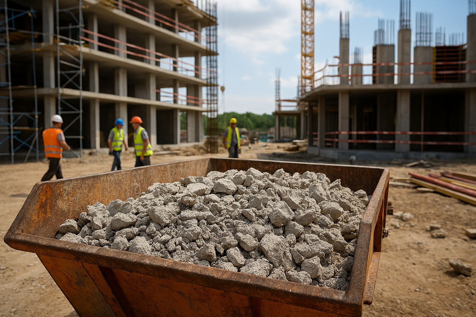 Pokruszony beton w kontenerze na placu budowy