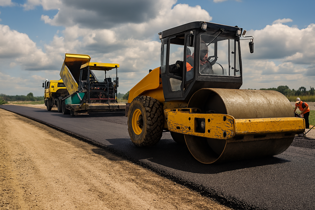 Walce pracują przy wyrównaniu nawierzchni drogi