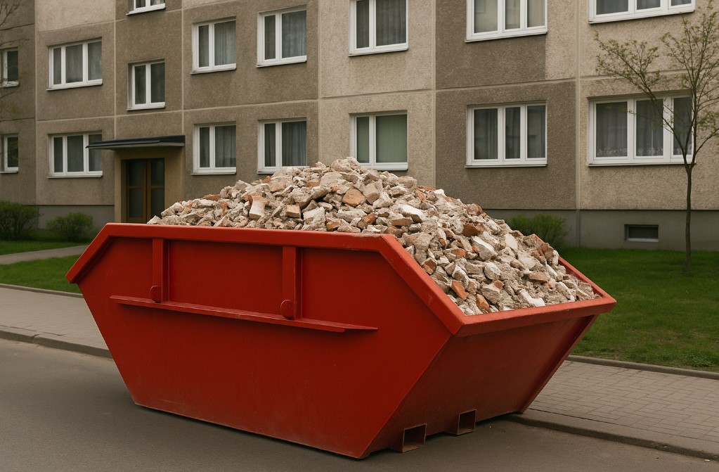 Czerwony kontener Gruzwóz przy bloku na osiedlu