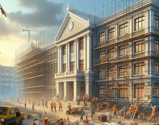 Budynek szkoły z ustawionymi rusztowaniami