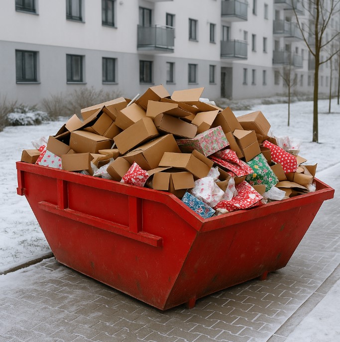 czerwony kontener wypełniony opakowaniami po prezentach
