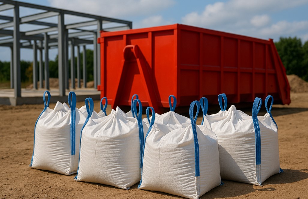 Trzy worki big bag przy czerwonym kontenerze