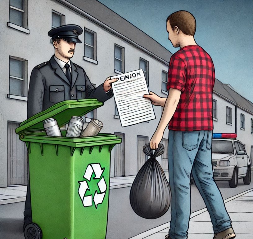 grafika z policjantem wystawiającym mandat za nielegalne wyrzucenie śmieci