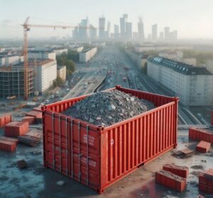 Kontener z gruzem na budowie w Warszawie