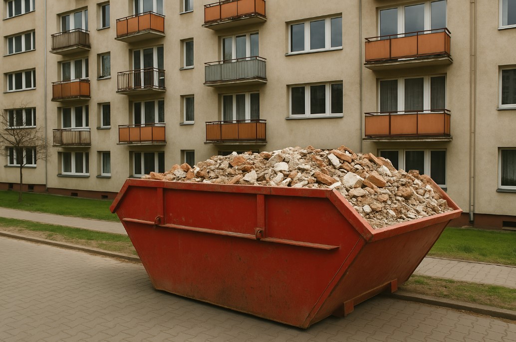 Kontener z gruzem pod blokiem