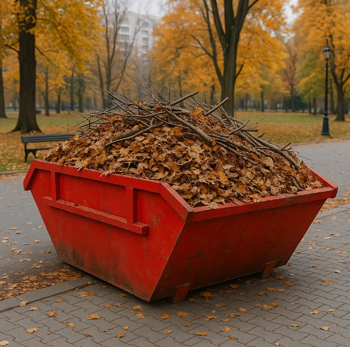 Czerwony kontener wypełniony gałęziami i liścmi
