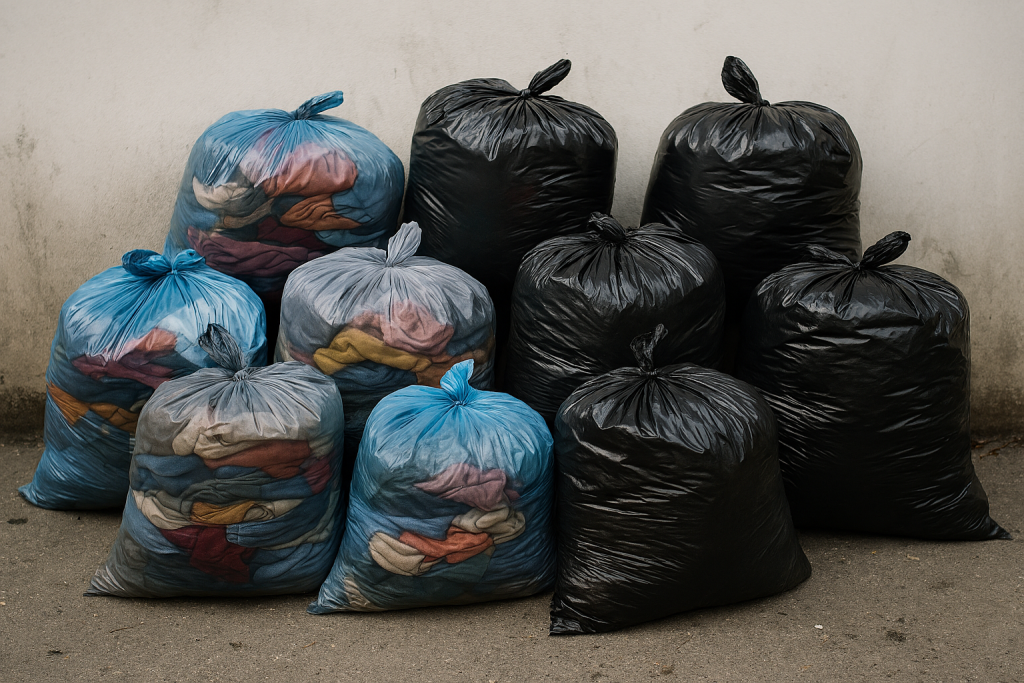 Ubrania w workach czekające na wywózkę