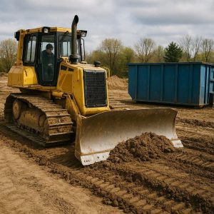 Buldożer wyrównuje teren pod kontener na gruz