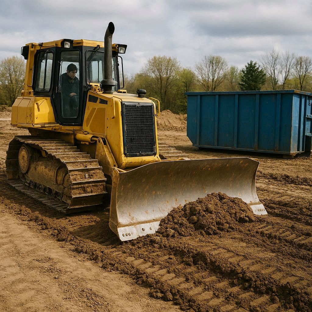 Buldożer wyrównuje teren pod kontener na gruz
