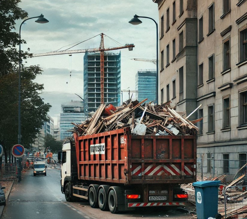 źle załadowany kontener na gruz